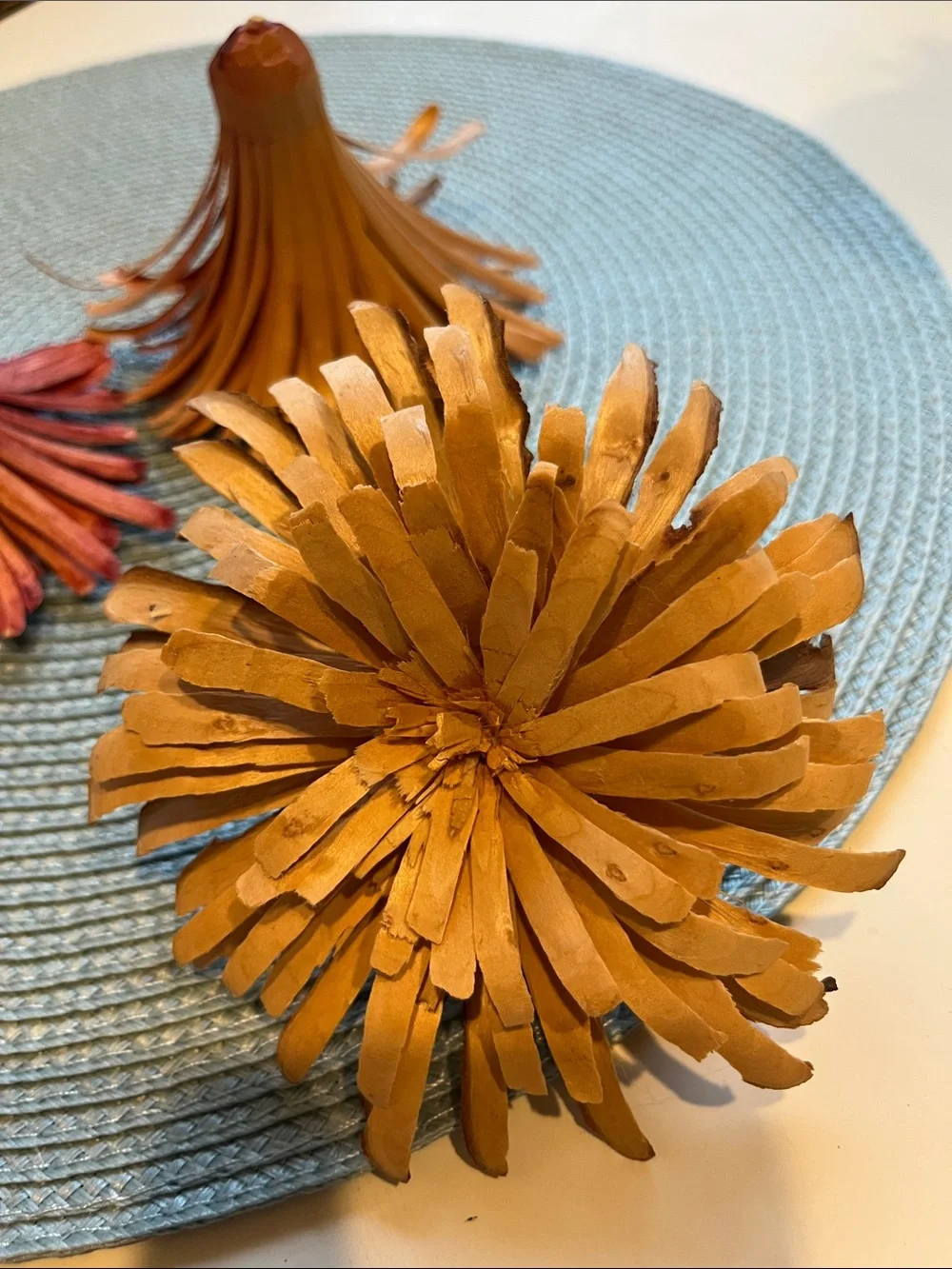 3 Handcrafted Decorative Wood Flower Set - Orange, Rust & Natural